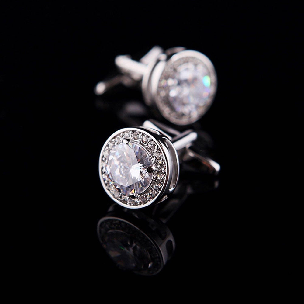 White Big Stone Mens Stainless Steel Round Cufflinks for Shirt with