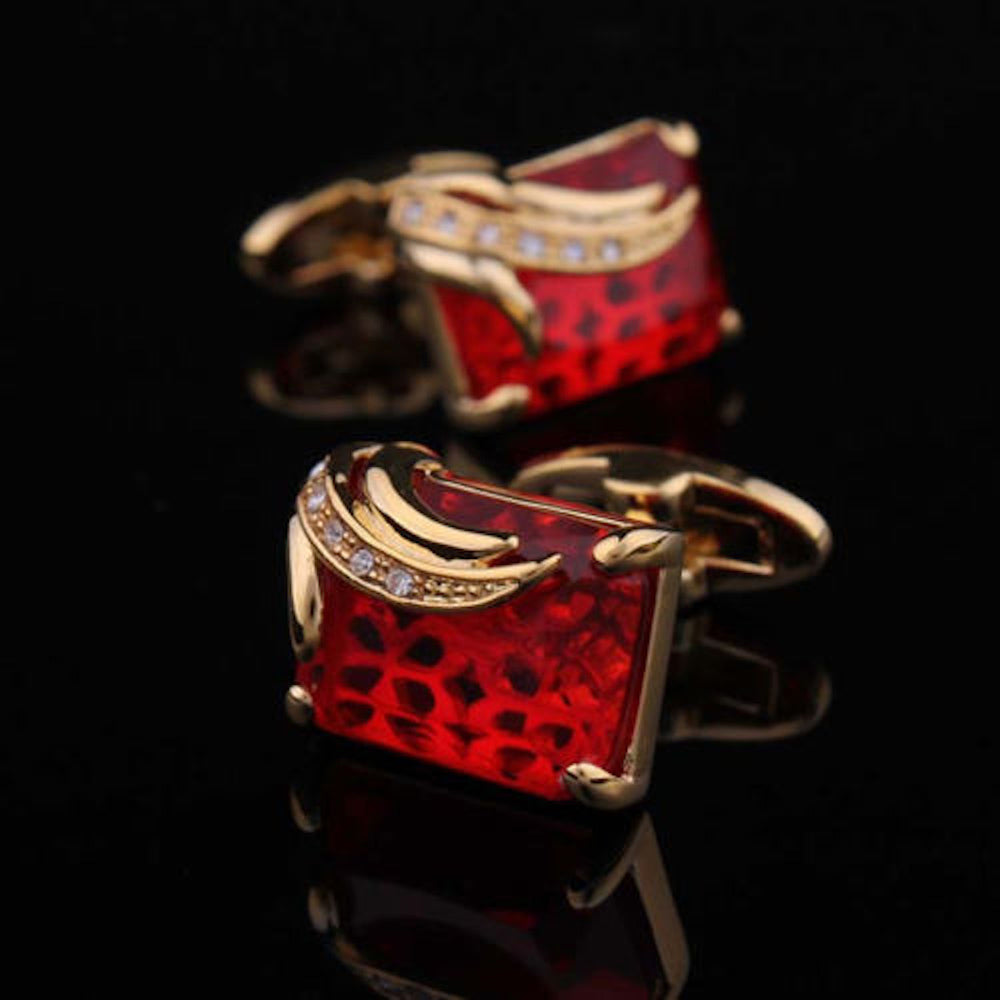 Gold + Red Mens Stainless Steel Squares Cufflinks for Shirt with Box -
