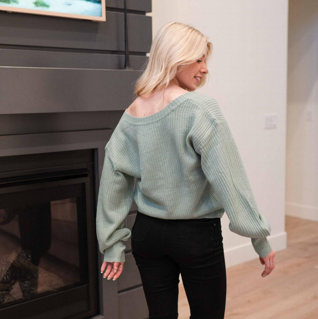 Long Balloon Sleeve Deep V-neck Sweater