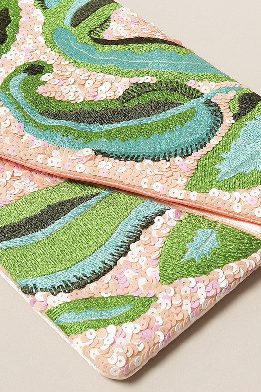 Seed Beaded Leaf Design Cosmetic Bag