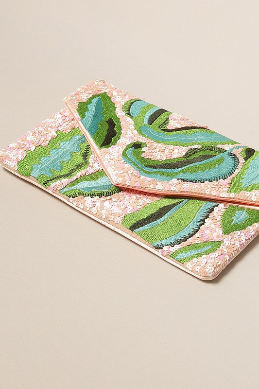 Seed Beaded Leaf Design Cosmetic Bag