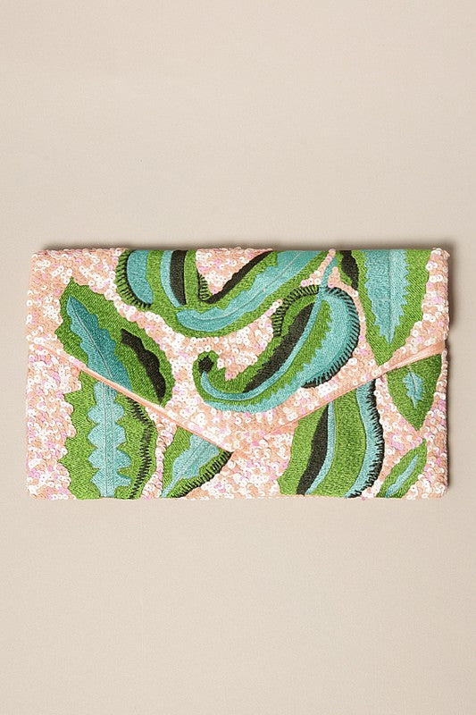 Seed Beaded Leaf Design Cosmetic Bag