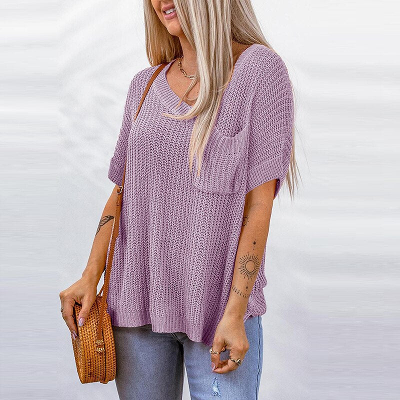 V Neck Knitted Pockets Sweaters