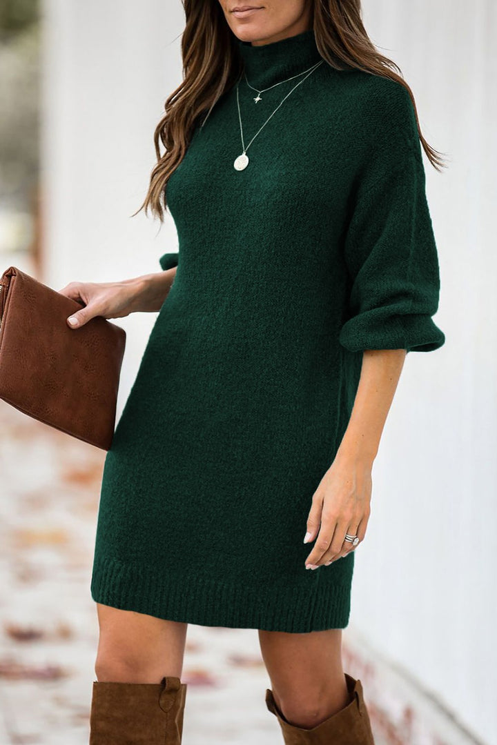Mock Neck Lantern Sleeves Sweater Dress