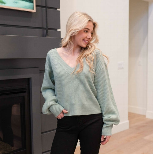 Long Balloon Sleeve Deep V-neck Sweater