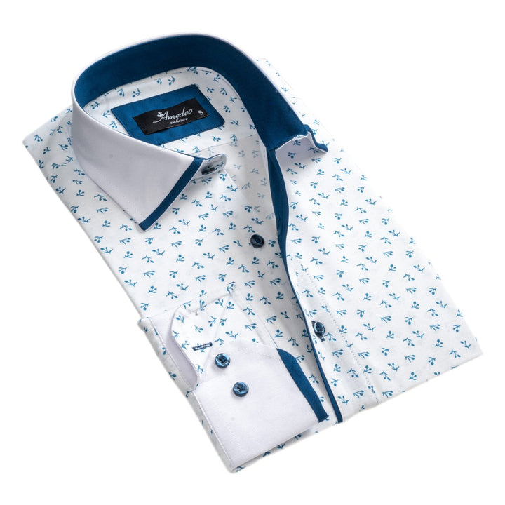 White Blue Floral Mens Slim Fit Designer Dress Shirt - tailored Cotton