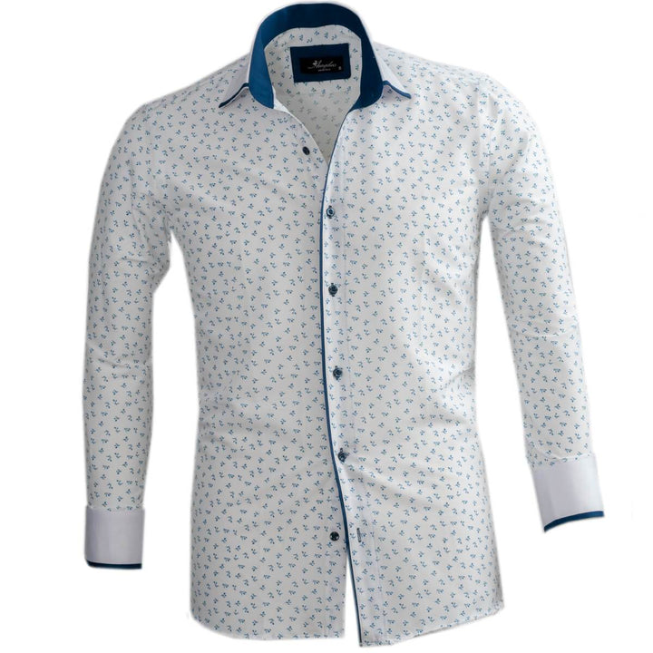 White Blue Floral Mens Slim Fit Designer Dress Shirt - tailored Cotton