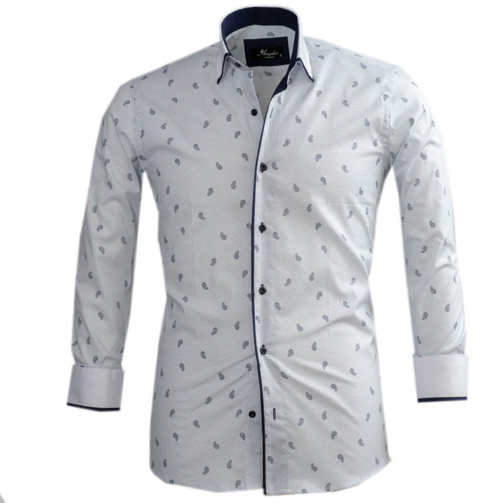 White Light Blue Paisley Mens Slim Fit Designer Dress Shirt - tailored