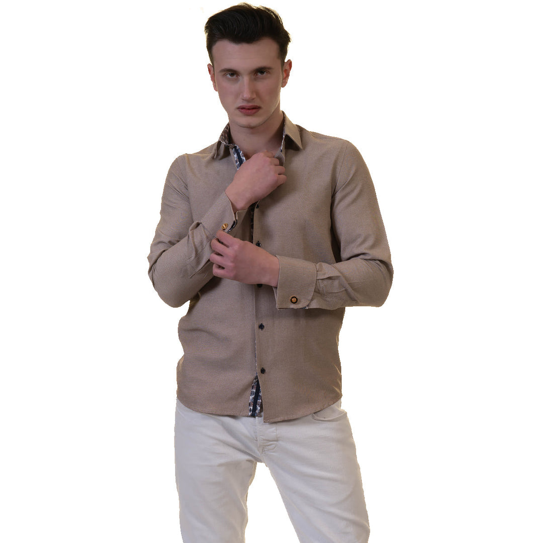 Brown White Mens Slim Fit French Cuff Shirts with Cufflink Holes -