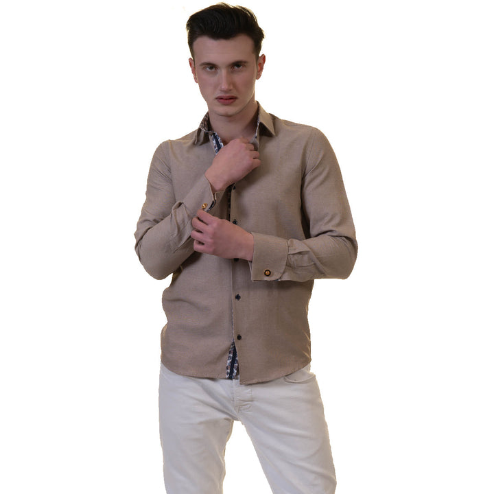 Brown White Mens Slim Fit French Cuff Shirts with Cufflink Holes -