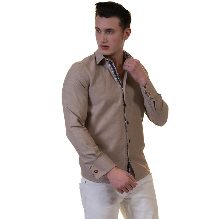 Brown White Mens Slim Fit French Cuff Shirts with Cufflink Holes -