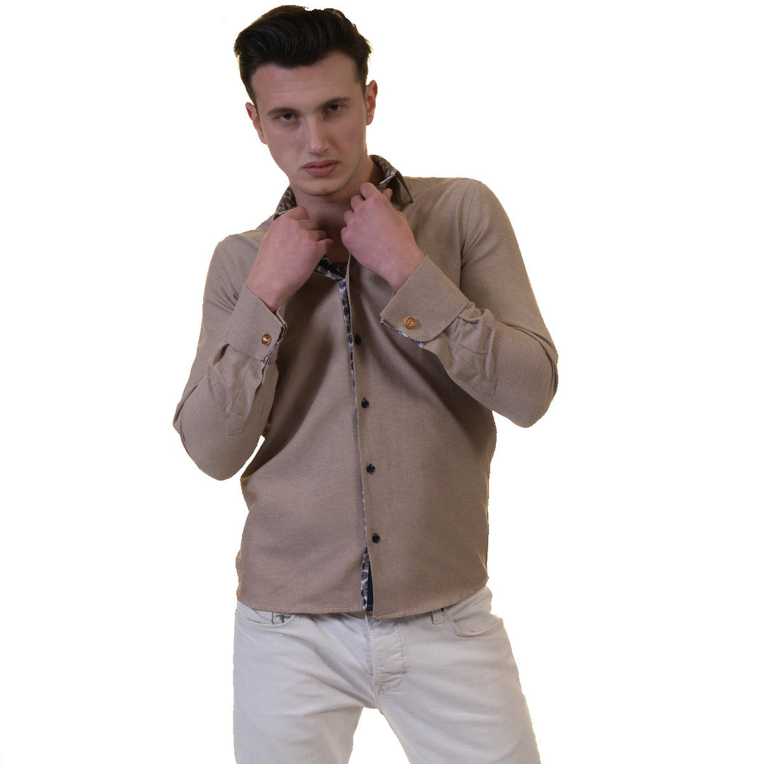 Brown White Mens Slim Fit French Cuff Shirts with Cufflink Holes -