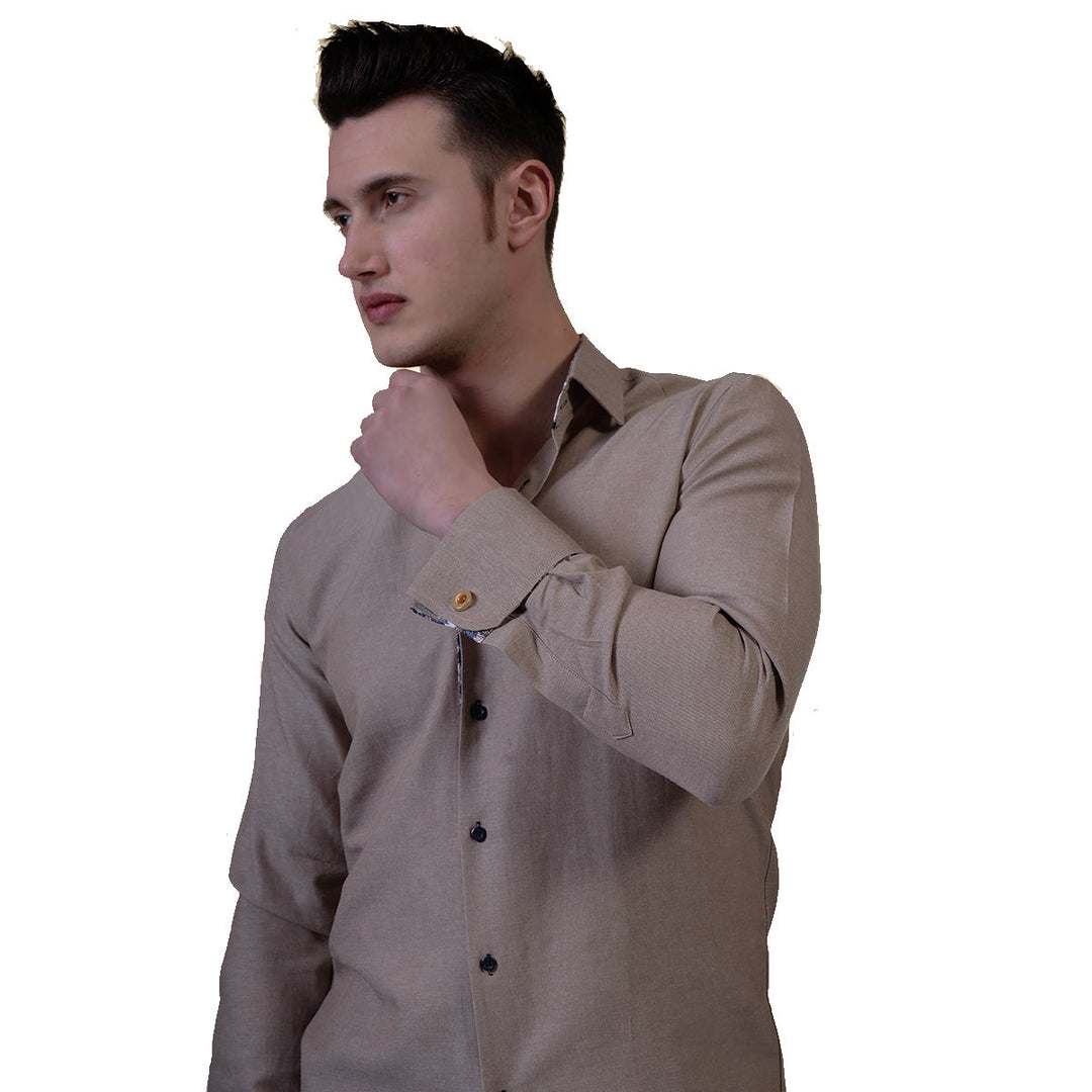 Brown White Mens Slim Fit French Cuff Shirts with Cufflink Holes -