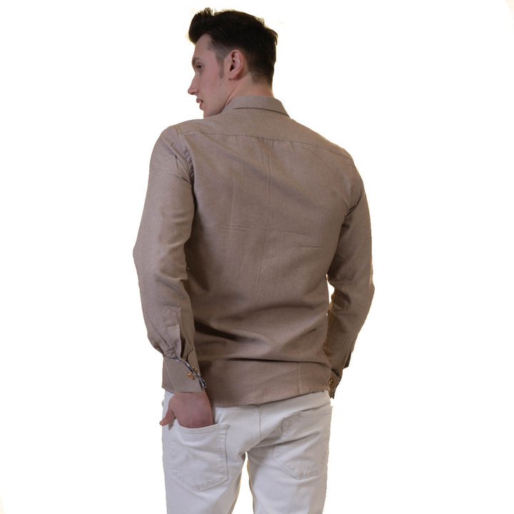 Brown White Mens Slim Fit French Cuff Shirts with Cufflink Holes -