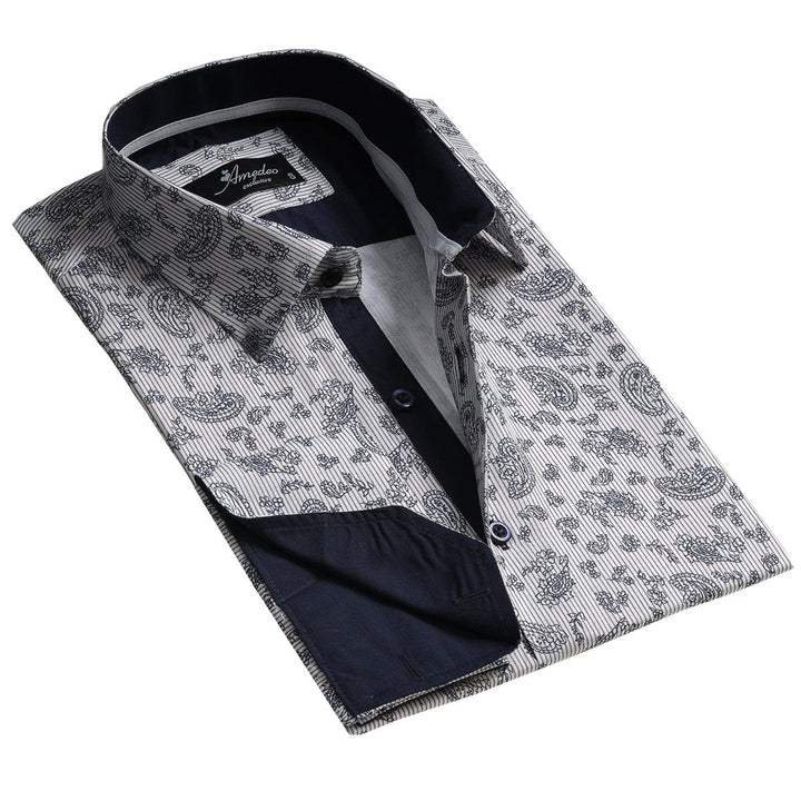 Light Grey Floral Mens Slim Fit French Cuff Shirts with Cufflink Holes