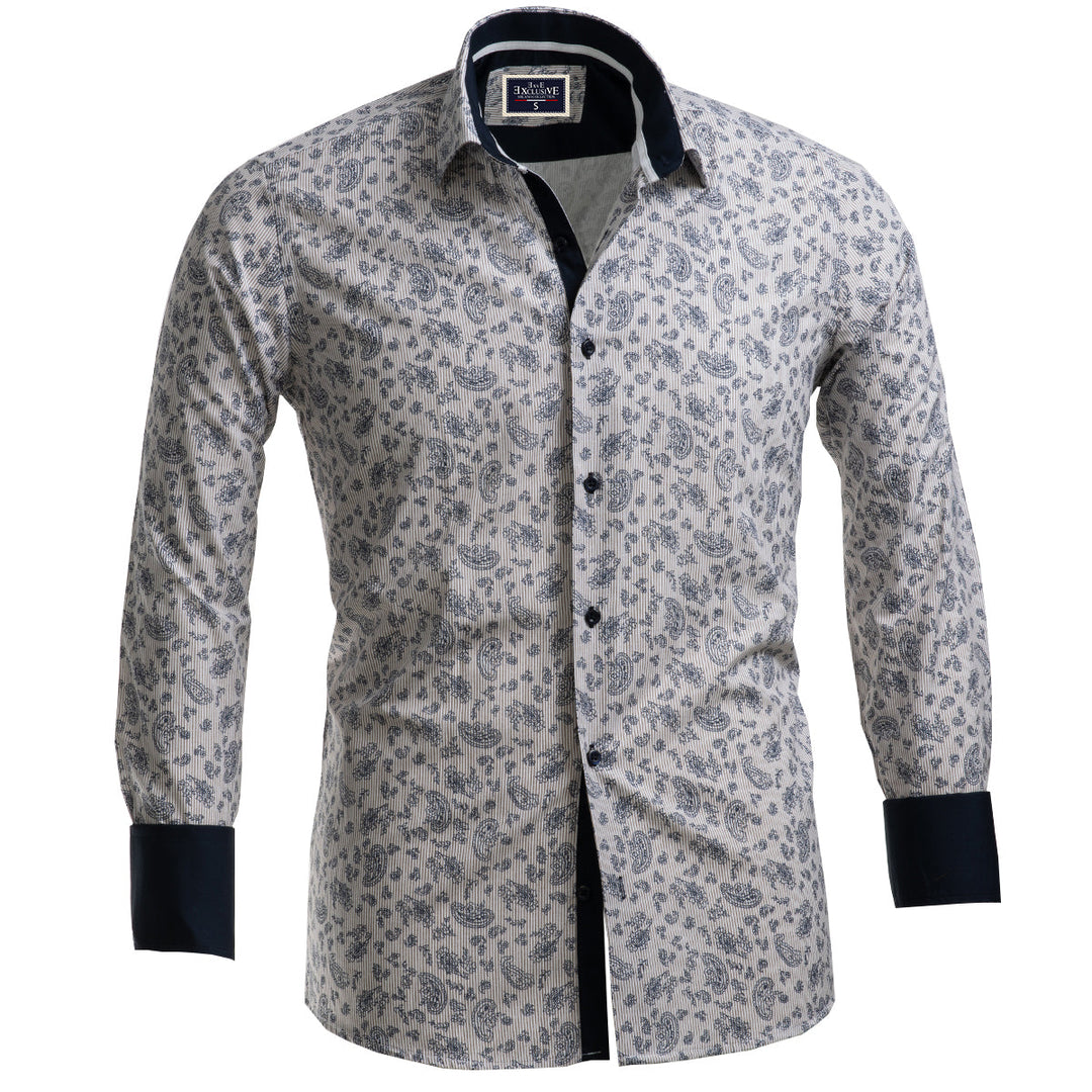 Light Grey Floral Mens Slim Fit French Cuff Shirts with Cufflink Holes