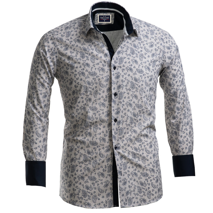 Light Grey Floral Mens Slim Fit French Cuff Shirts with Cufflink Holes