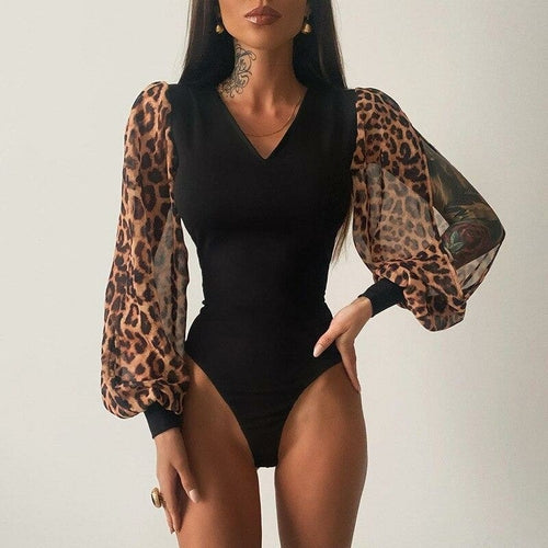 Leopard Bodysuit Top See Through Cut out Lantern Sleeve Bodycon Romper