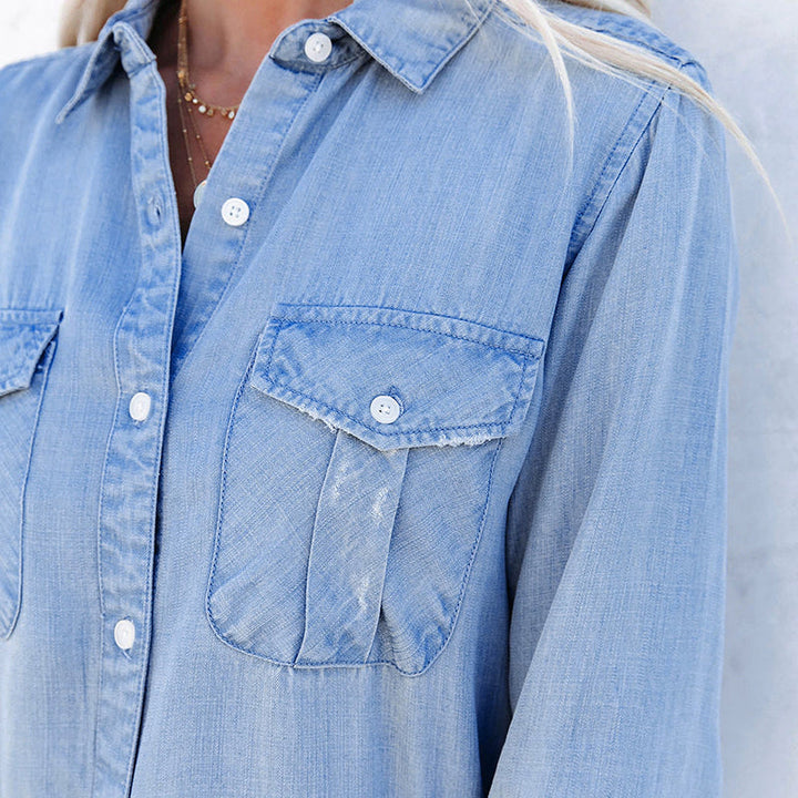 Denim Shirts Long Sleeve Casual Turn-down Collar Blouses