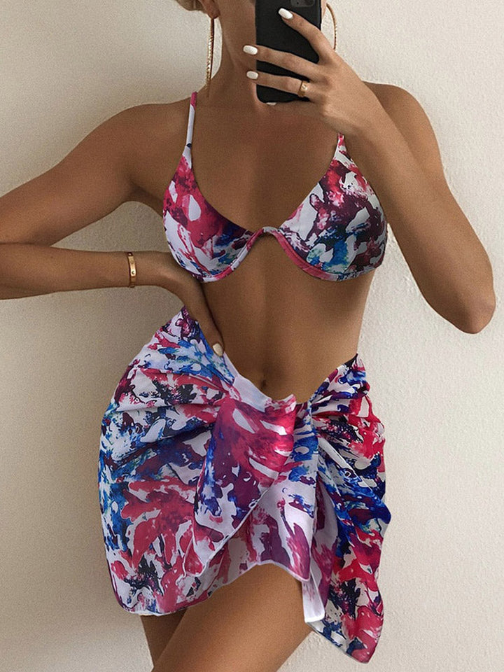 Underwire Sling Bikini+Skirt Cover Up Set Sexy Print Three Piece