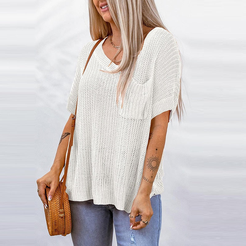 V Neck Knitted Pockets Sweaters