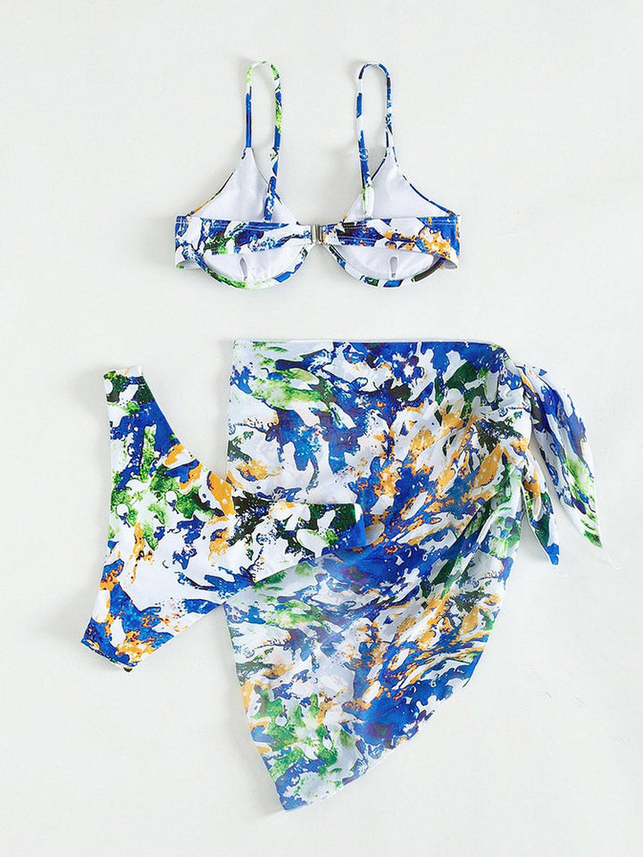 Underwire Sling Bikini+Skirt Cover Up Set Sexy Print Three Piece