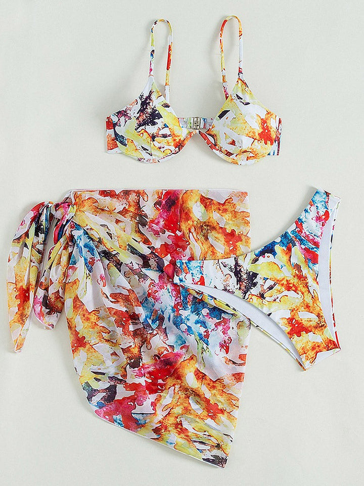Underwire Sling Bikini+Skirt Cover Up Set Sexy Print Three Piece