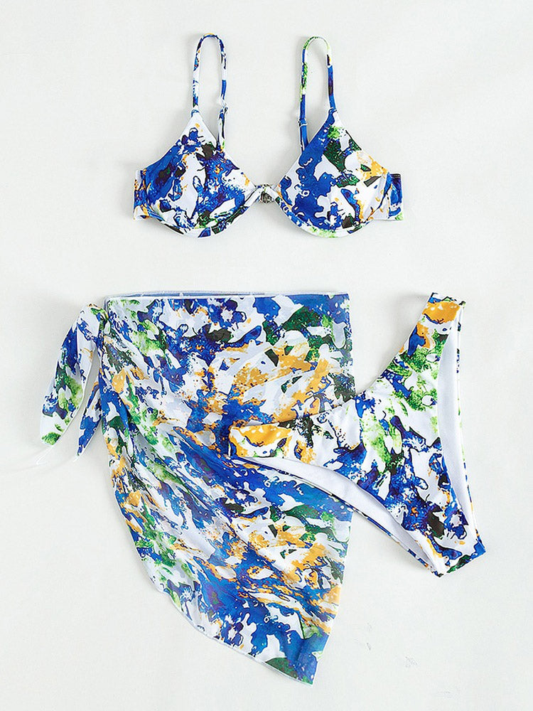 Underwire Sling Bikini+Skirt Cover Up Set Sexy Print Three Piece