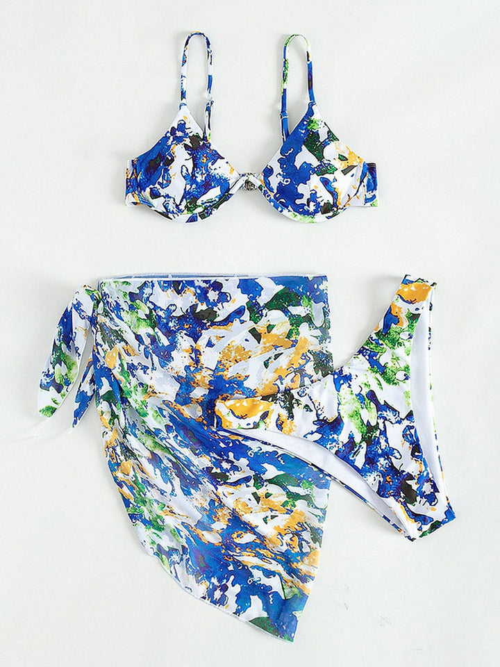 Underwire Sling Bikini+Skirt Cover Up Set Sexy Print Three Piece