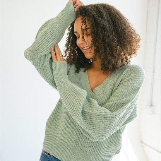 Long Balloon Sleeve Deep V-neck Sweater