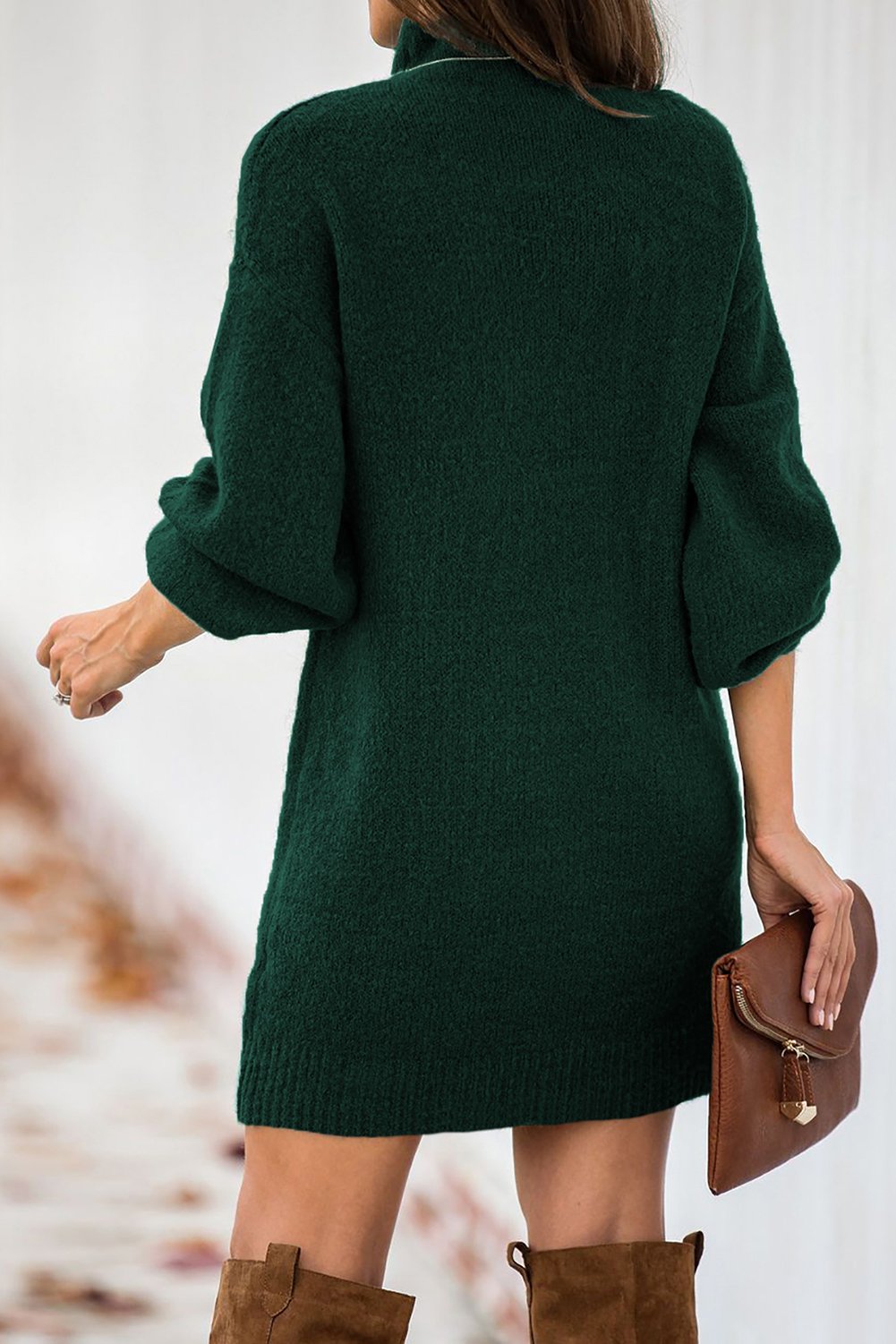 Mock Neck Lantern Sleeves Sweater Dress