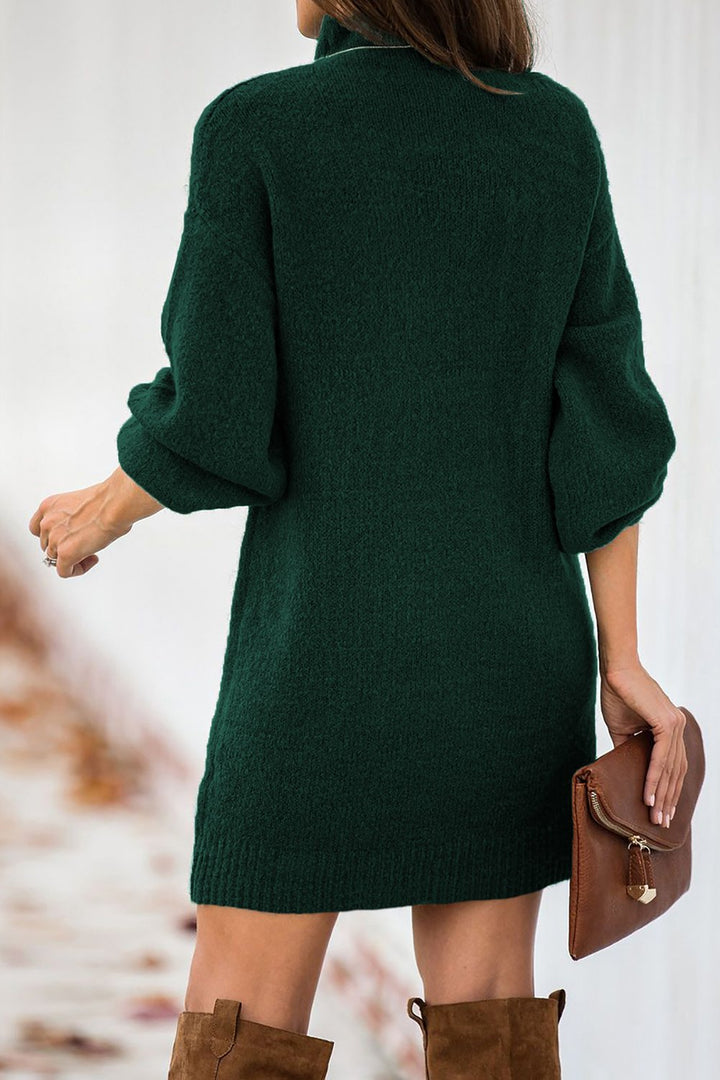 Mock Neck Lantern Sleeves Sweater Dress