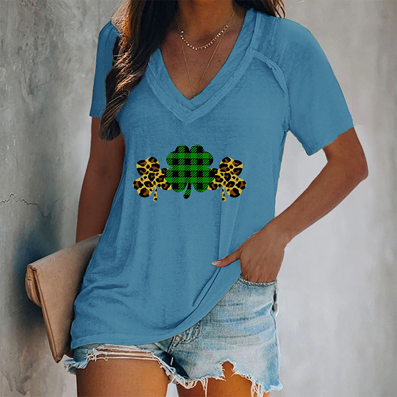 Women's V-neck Graphic Printed Four-leaf Clovers T-shirt