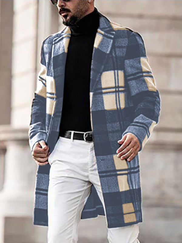 Men's Casual Fashion Plaid Coat Mid Length Coat Coat
