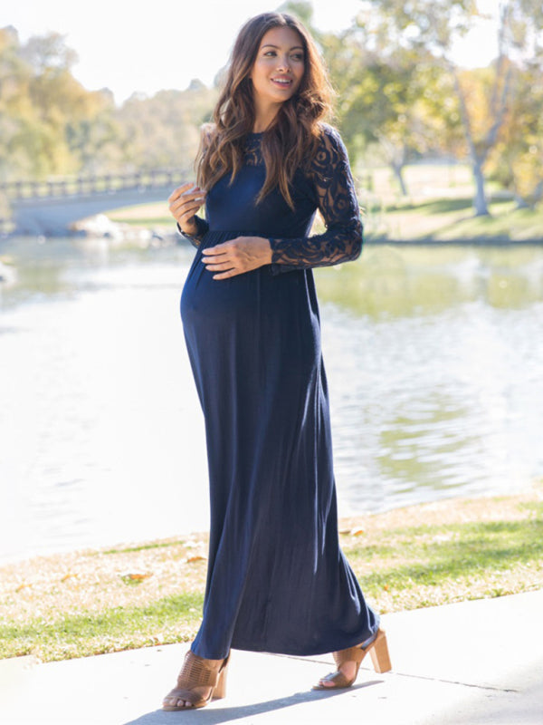 Women’s Lace Adorned Neckline And Long Sleeves Maxi Maternity Dress