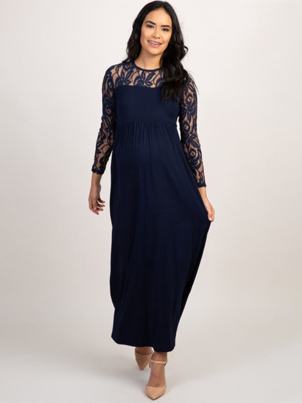 Women’s Lace Adorned Neckline And Long Sleeves Maxi Maternity Dress