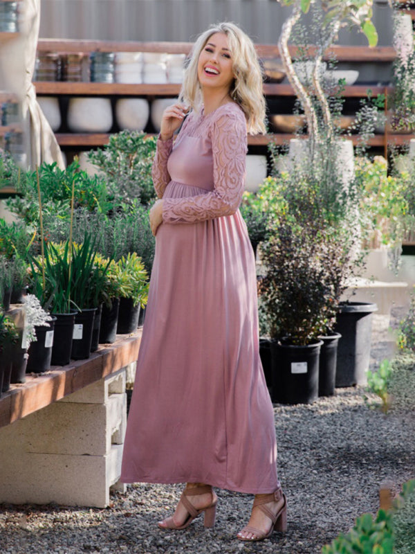 Women’s Lace Adorned Neckline And Long Sleeves Maxi Maternity Dress