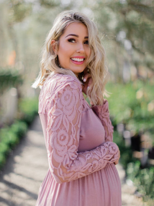 Women’s Lace Adorned Neckline And Long Sleeves Maxi Maternity Dress