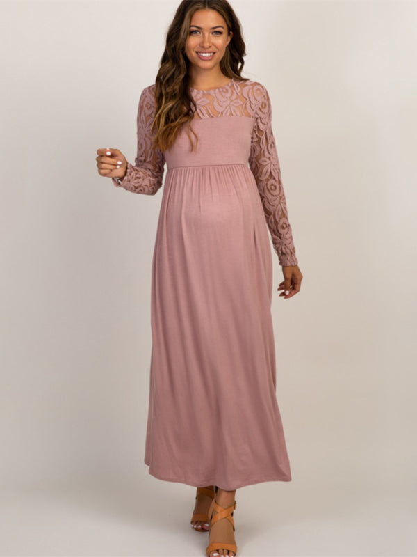 Women’s Lace Adorned Neckline And Long Sleeves Maxi Maternity Dress