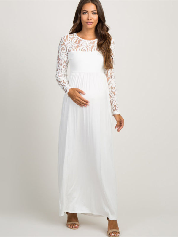 Women’s Lace Adorned Neckline And Long Sleeves Maxi Maternity Dress